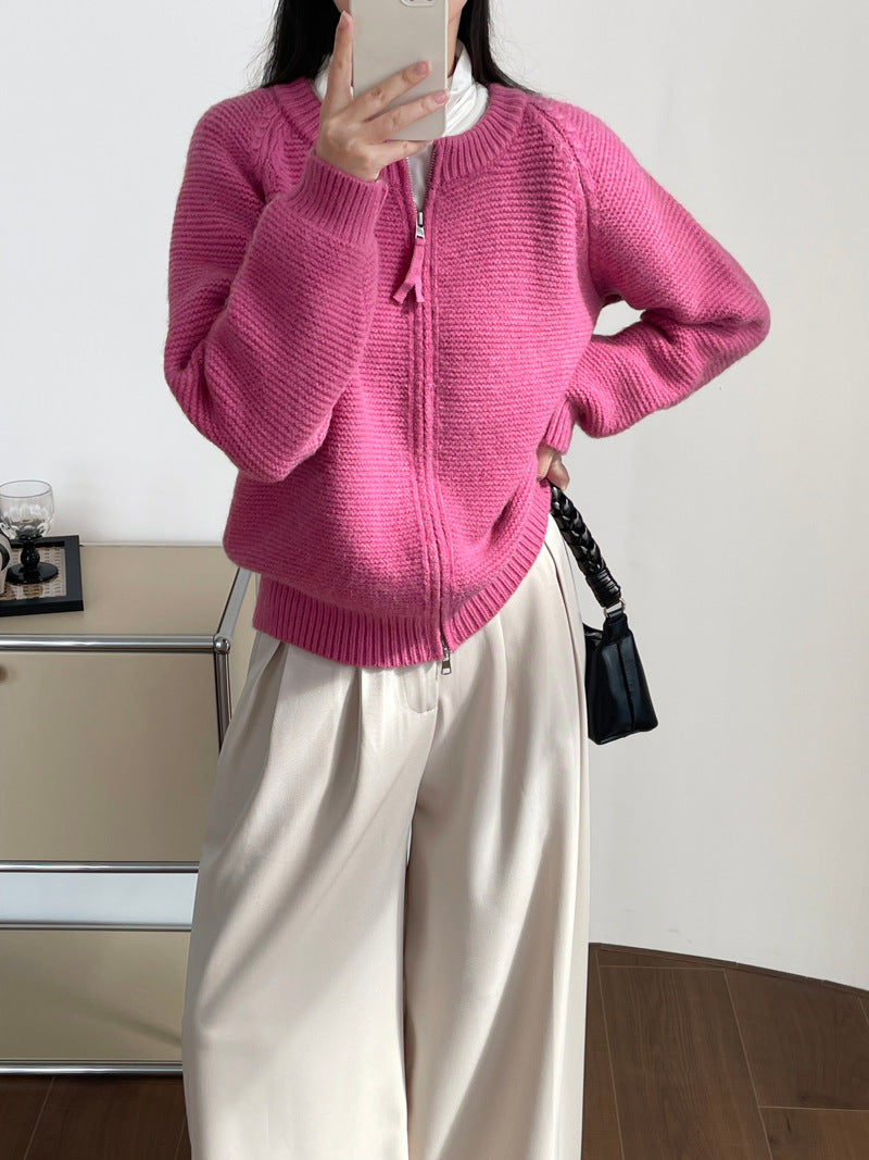 Sweater Double Zipper Sweater For Women Loose And Lazy Style Crew Neck Coat