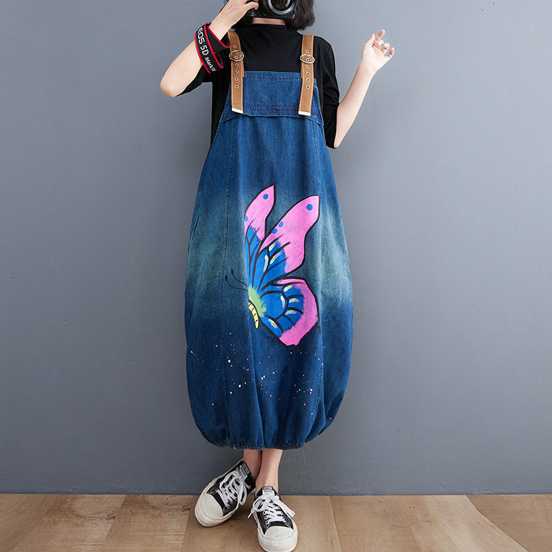 Fashion Butterfly Printed Denim Strap Skirt