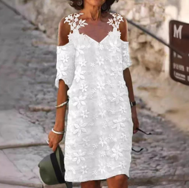 Womens V-Neck Lace Slip Dress With Patchwork Embroidery