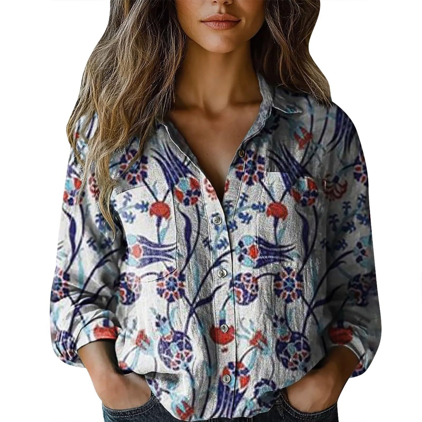 3D Digital Printing Women's Plus Size Lapel Long Sleeve Shirt