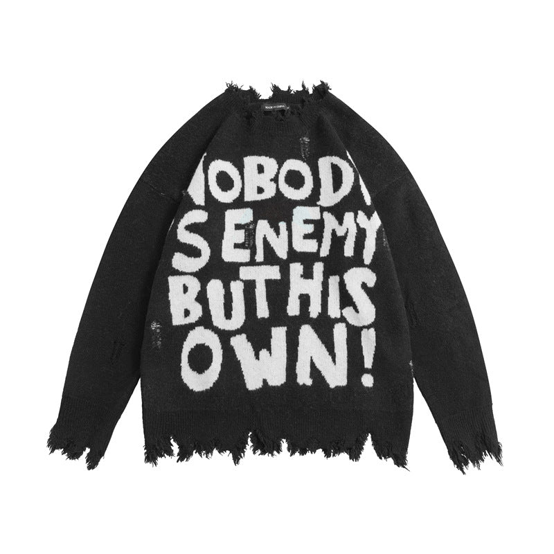 Street Fashion Make Old Ripped Letter Jacquard Burr Knitted Pullover