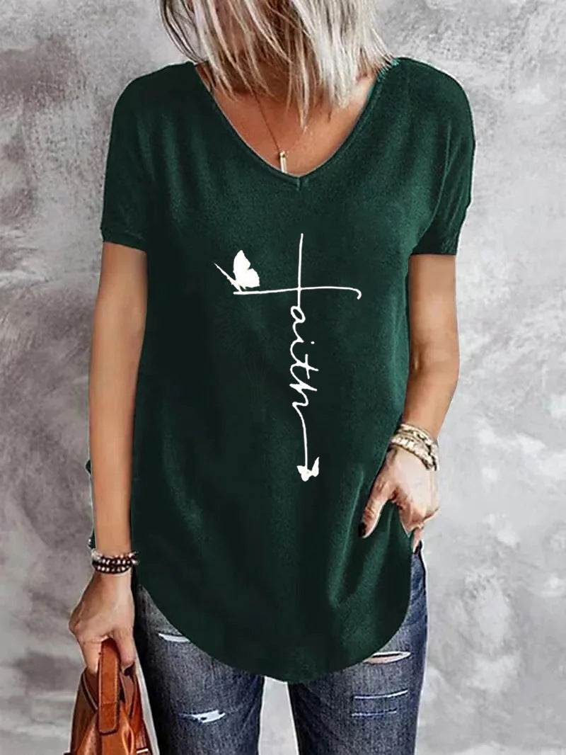 Women's V-neck Bottoming Long-sleeved Printed T-shirt