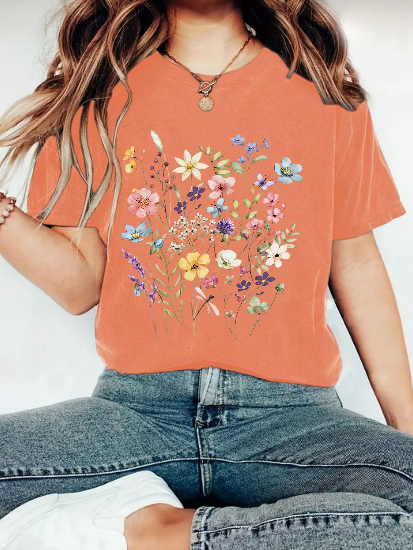 Elegant T-shirt With Floral Print, Women's Short-sleeve