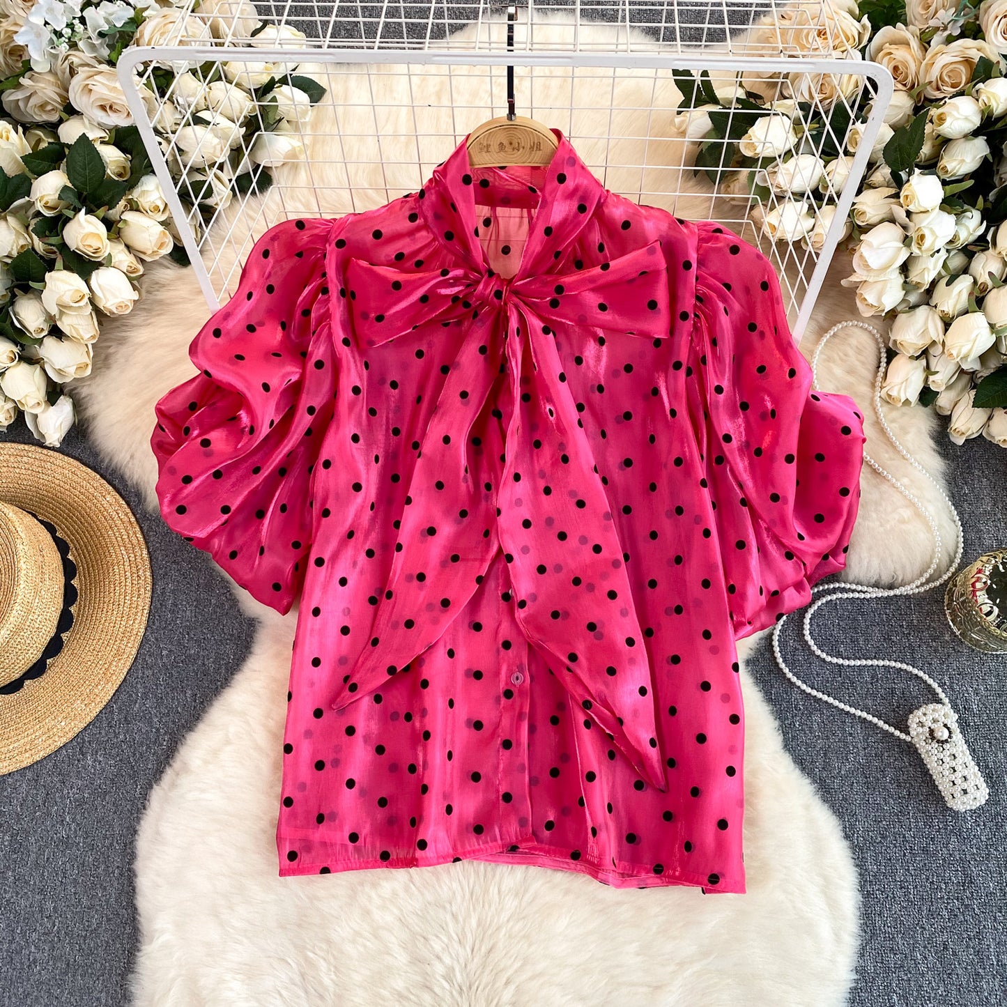French Style Retro Dots Shirt Female Sweet Bow Collar