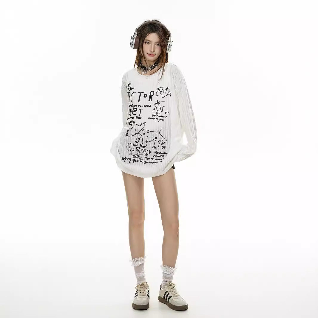 Hong Kong Style Retro Letter Animal Print Top