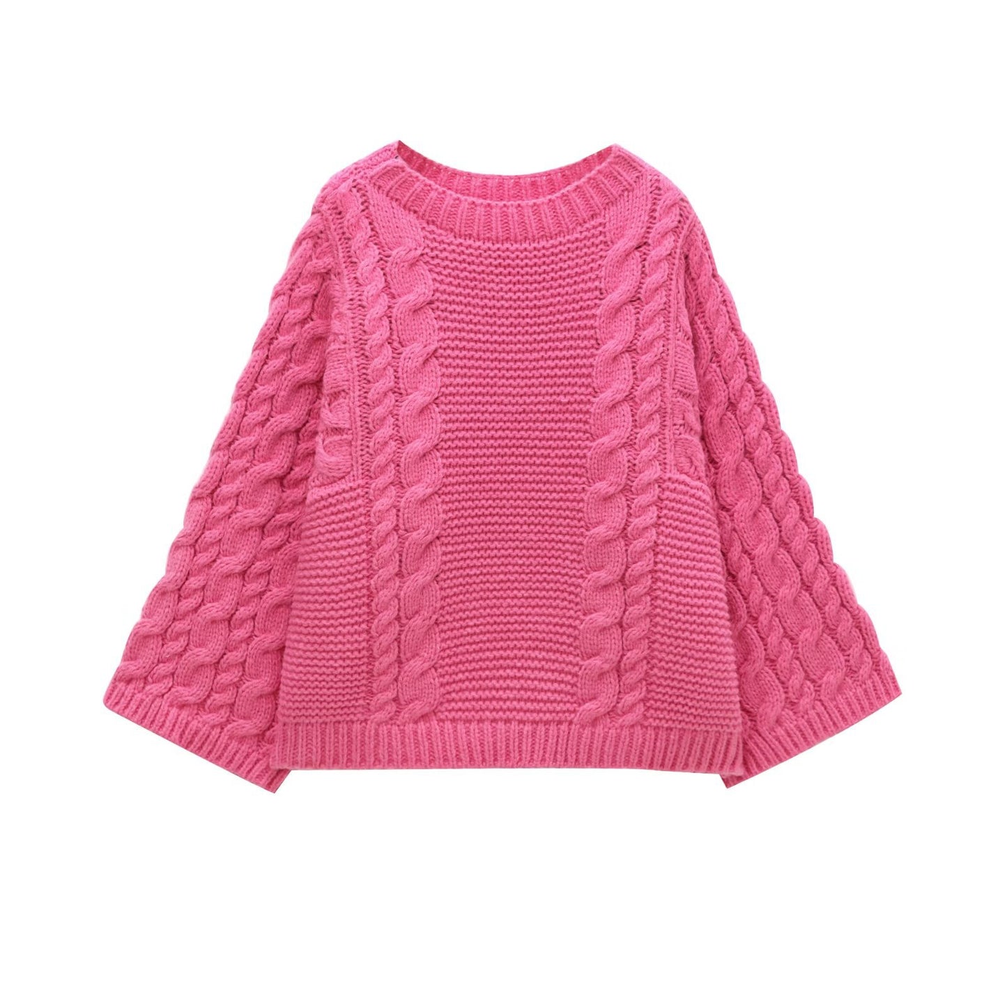 Twist Texture Round Neck Pullover Large Sleeves Sweater