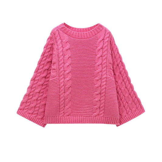 Twist Texture Round Neck Pullover Large Sleeves Sweater
