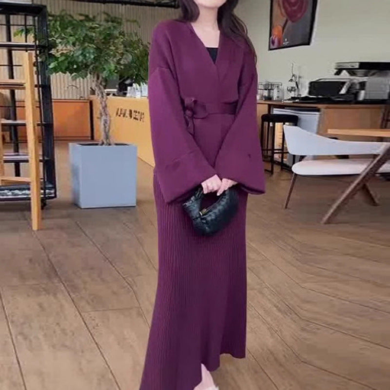 V-neck Tie-front Wide-sleeve High-waisted Skirt Set With An Elegant Vibe
