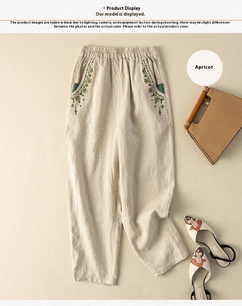 Cotton And Linen Embroidery Baggy Pants Pocket Loose All-matching