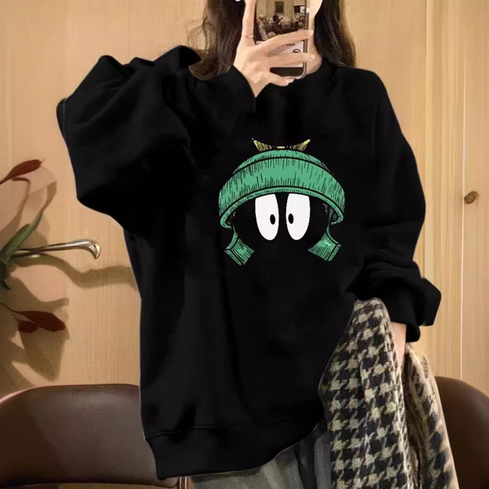 Autumn And Winter New Round Neck Loose Casual Fleece-lined Hoodless Sweater Women