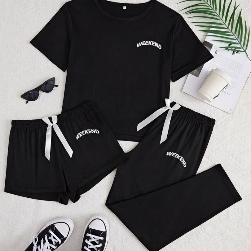 Homewear Pajamas For Women Lettered Black Three-piece Suit