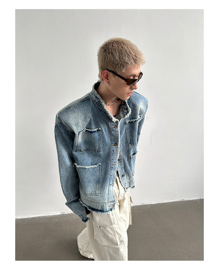 Damaged Design Feeling Rough Edge Washed Stand Collar Padded Shoulder Denim Jacket