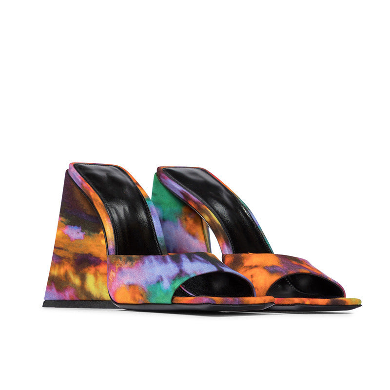 Square Toe Open-toe Tie-dye Bright Color Ultra-high Thick Heel Outer Wear Slippers Europe And America