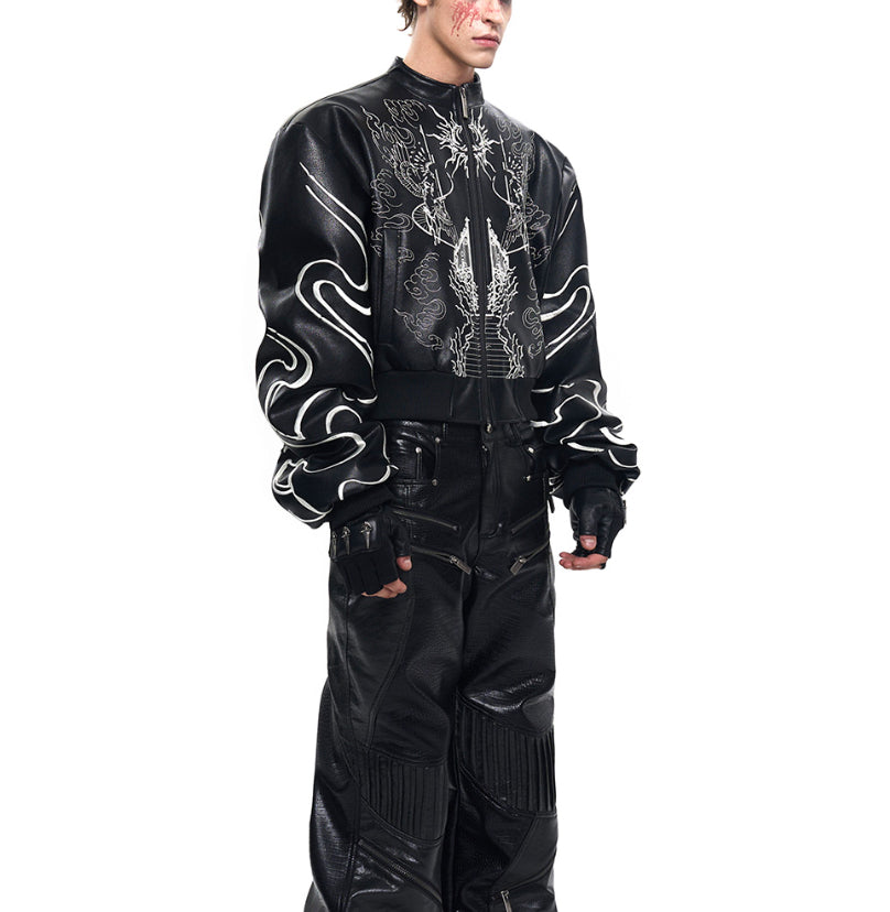 Design Back Embroidery Short Leather Coat