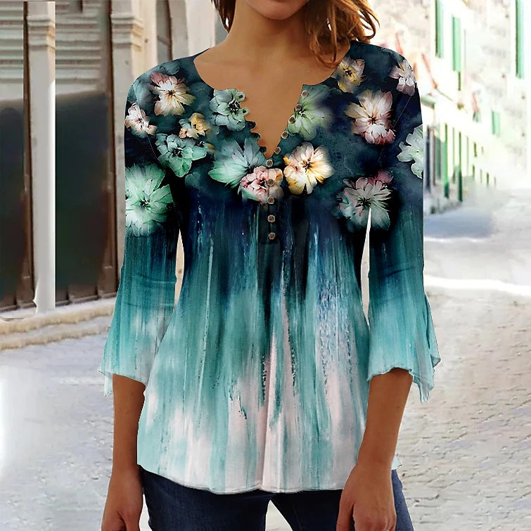 Bluse til kvinder med blomstret print, 3/4 ærmer, V-hals og knapper