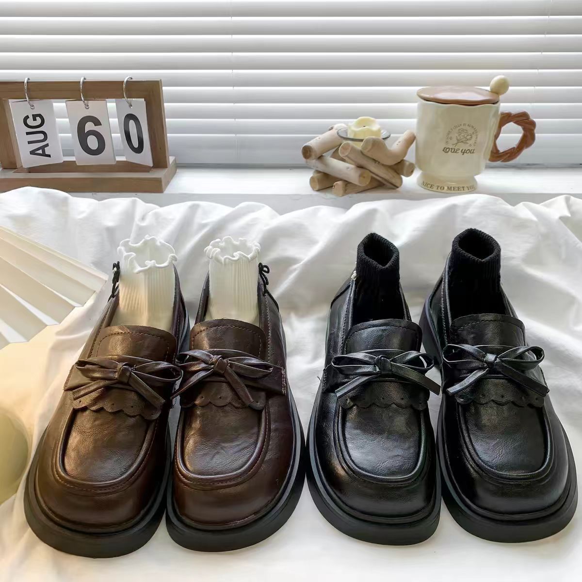 Bow Tie Black Chunky Soled Slip On Leather Shoes