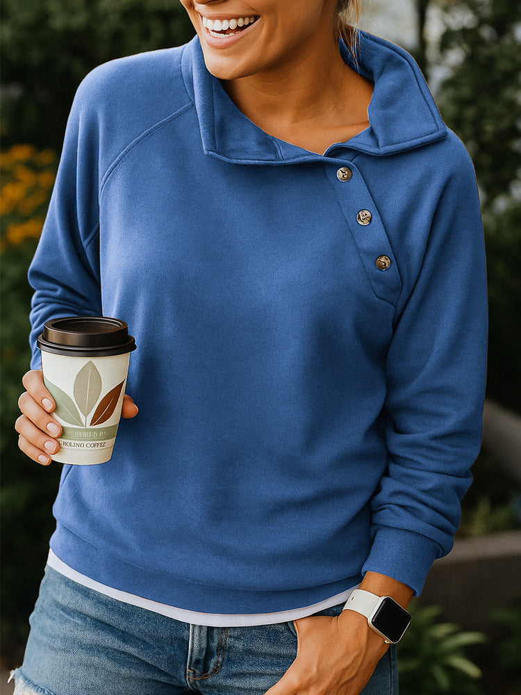 Casual Loose And Stylish Long Sleeves Button Diagonal Collar Sweater