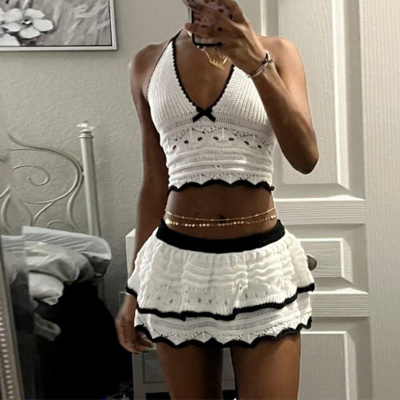 Knitted Backless Hollow-Out Halter Top And Skirt Set