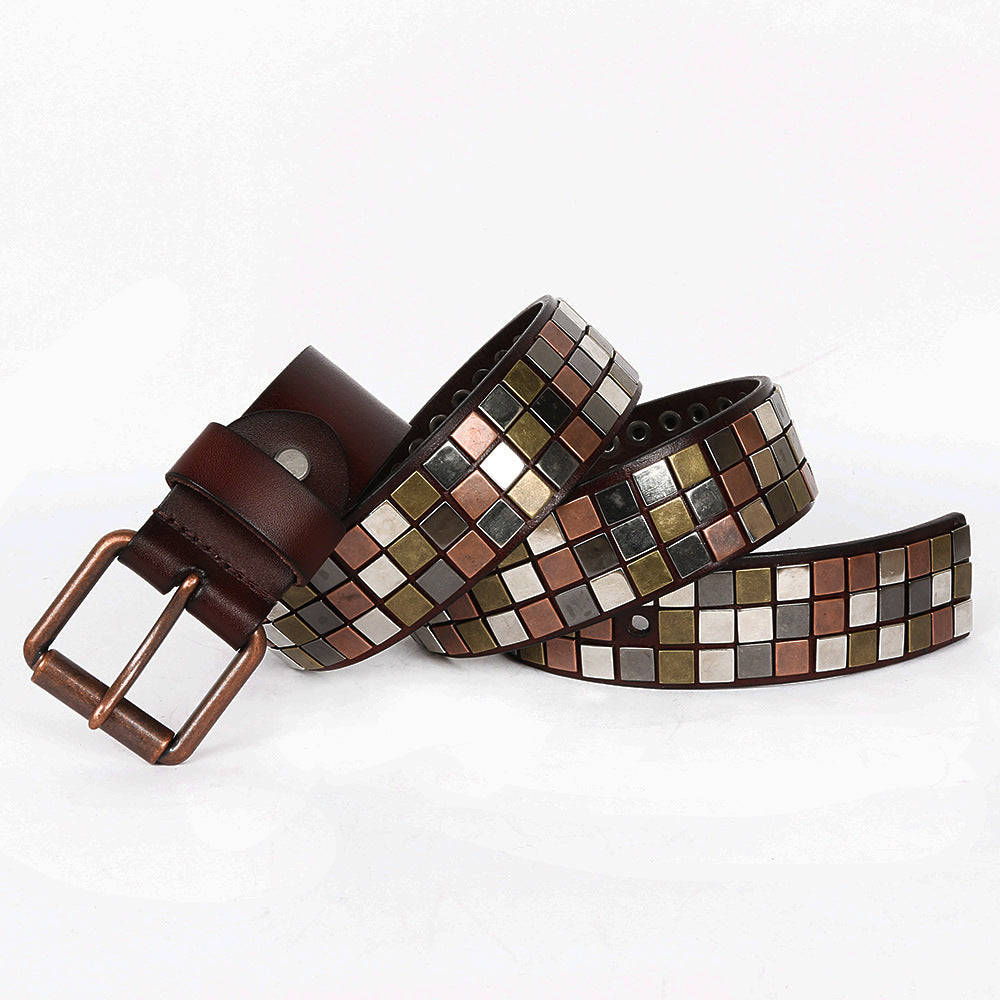 Hairdresser's Top Layer Leather Flat Studded Belt With Square Patch