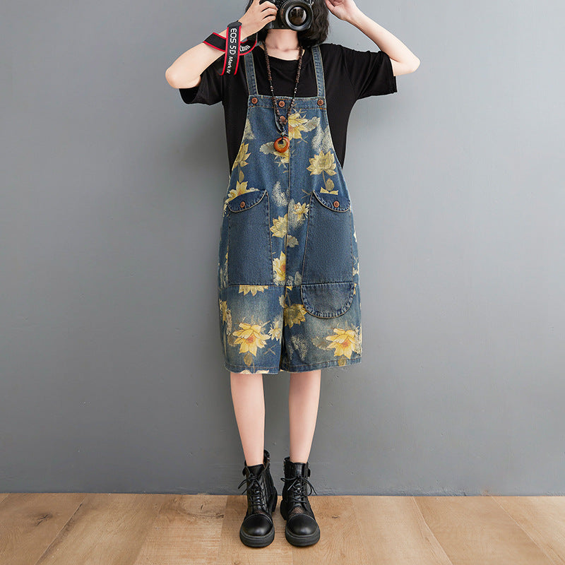 Women's Summer Fashion Denim Suspender Print Shorts