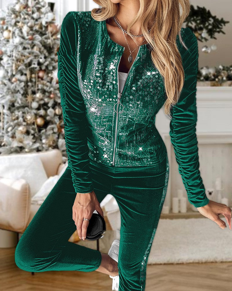Sequin Stitching Velvet Two-piece Suit Pack