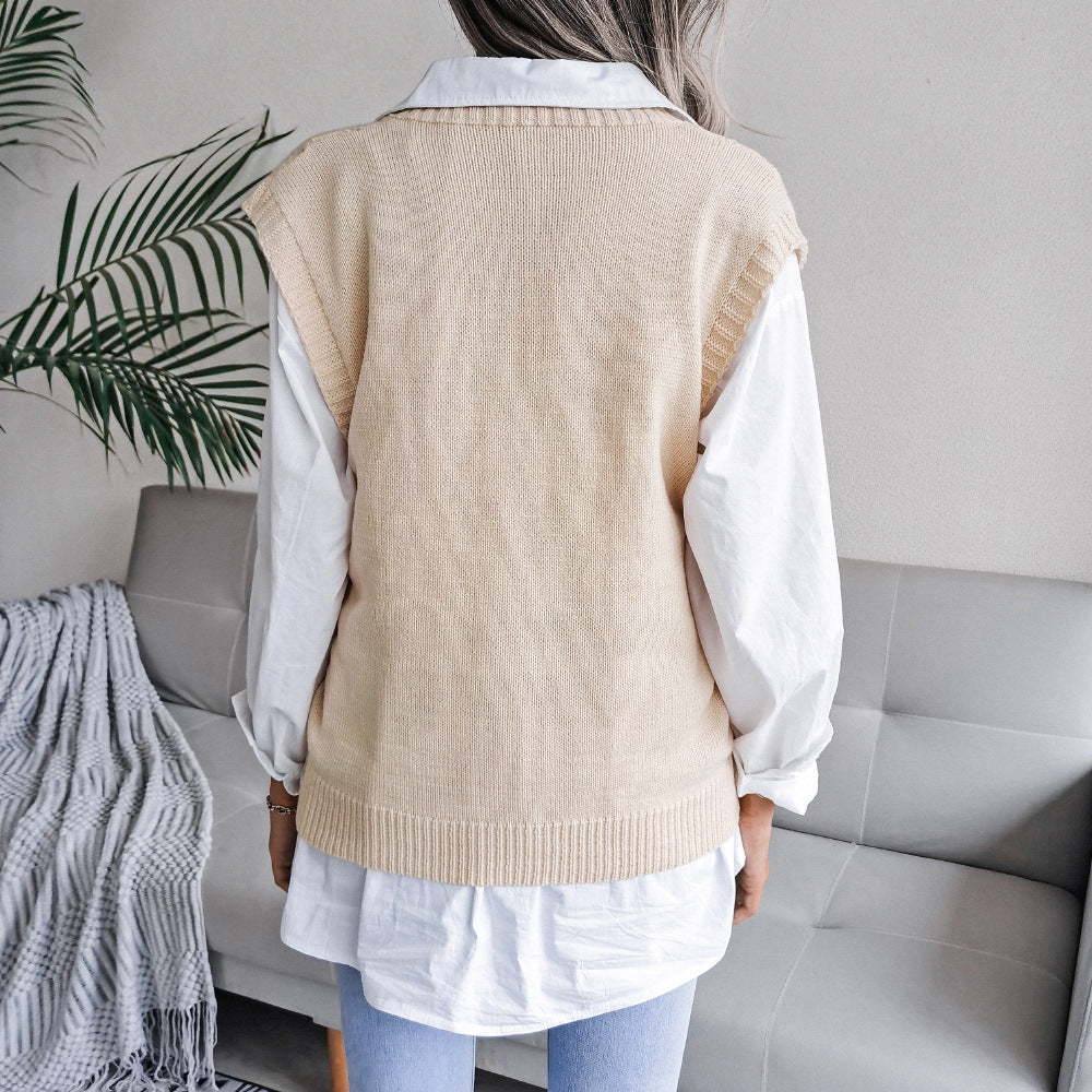 European & American Hollow Out Cable Knit V-Neck Sleeveless Sweater