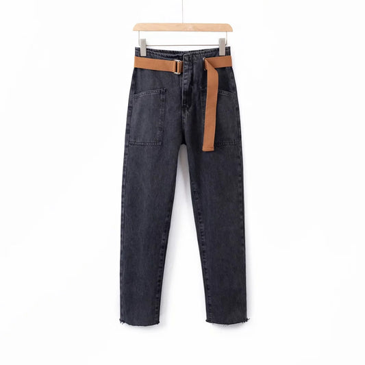 Ladies Polyester Denim Daddy Pants With Belt