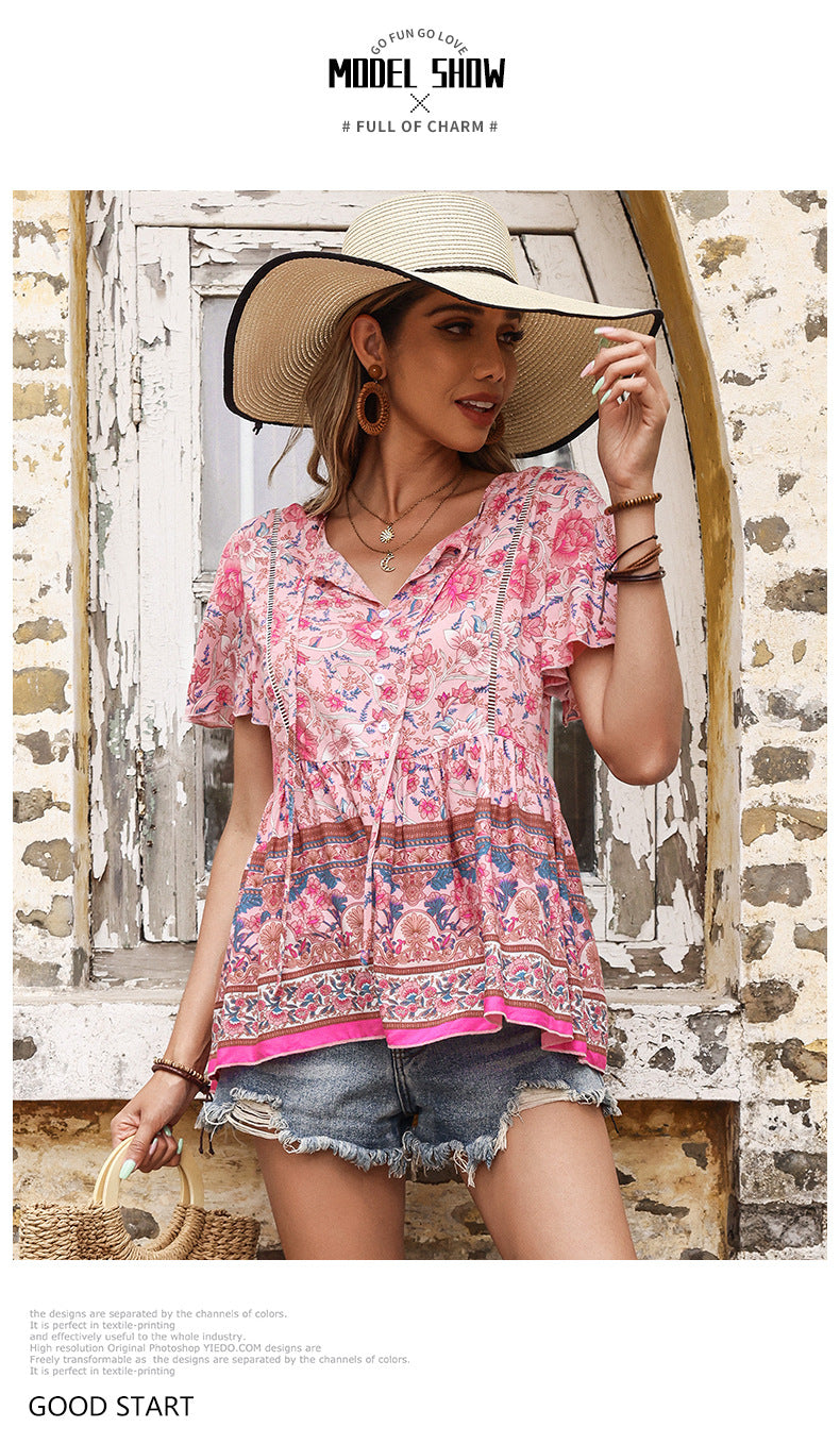 Summer Women's Bohemian Printed Short-sleeved Shirt
