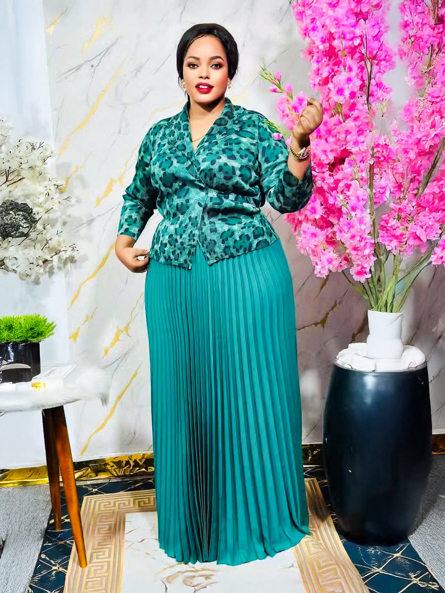 Plus Size Slightly Fat Women's Clothing Printed Long-sleeved Top Pleated Skirt