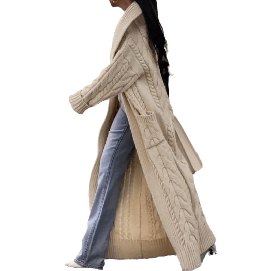 Women's Solid Color Thick Hemp Flowers Large Lapel Long Cardigan Sweater Coat