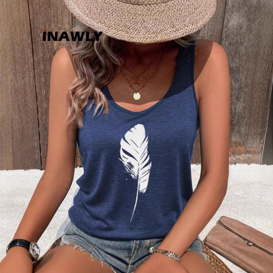 Feather Print Vest Sleeveless Round Neck Fashion Sexy