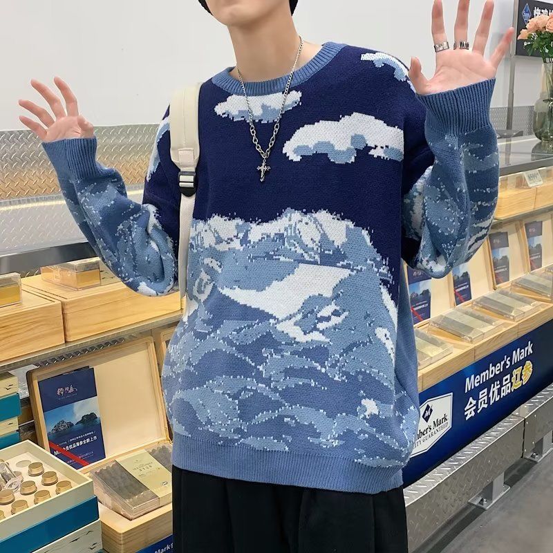 Amerikansk Modebrand Retro Snow Mountain Tie-dye Crew Neck Pullover Sweater