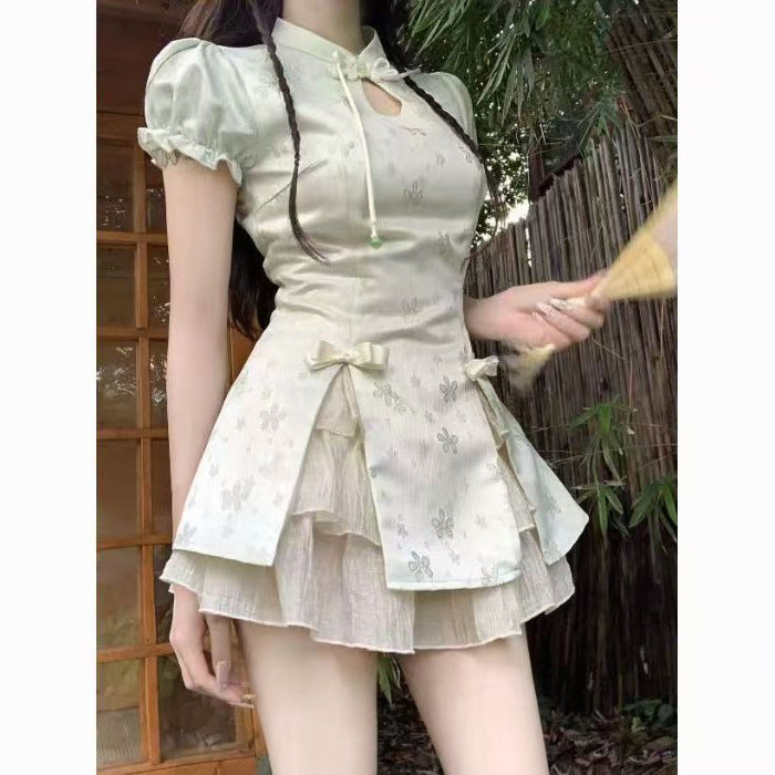 Buttoned-loop Puff-sleeve Skirt Two-piece Set