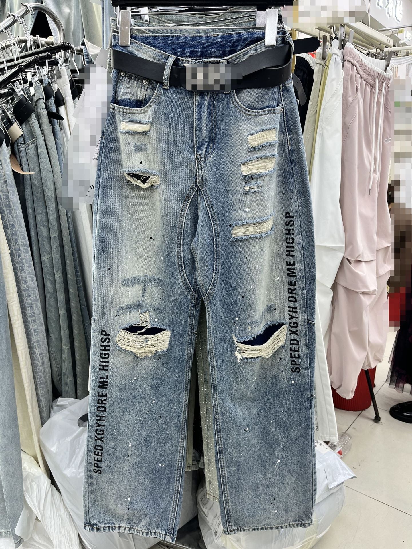 Letter Printed Ripped Cool Brushed Paint Jeans