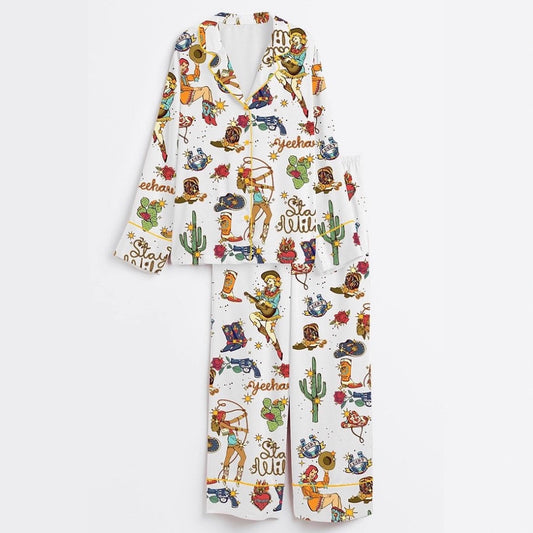 Fashionable Long-sleeve Printed Lapel Loungewear Pajamas