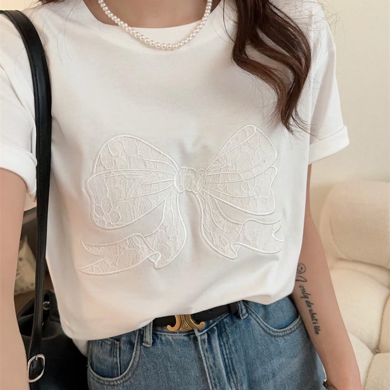 Base Cotton Water-washing Embroidery Bow Student Short Sleeve