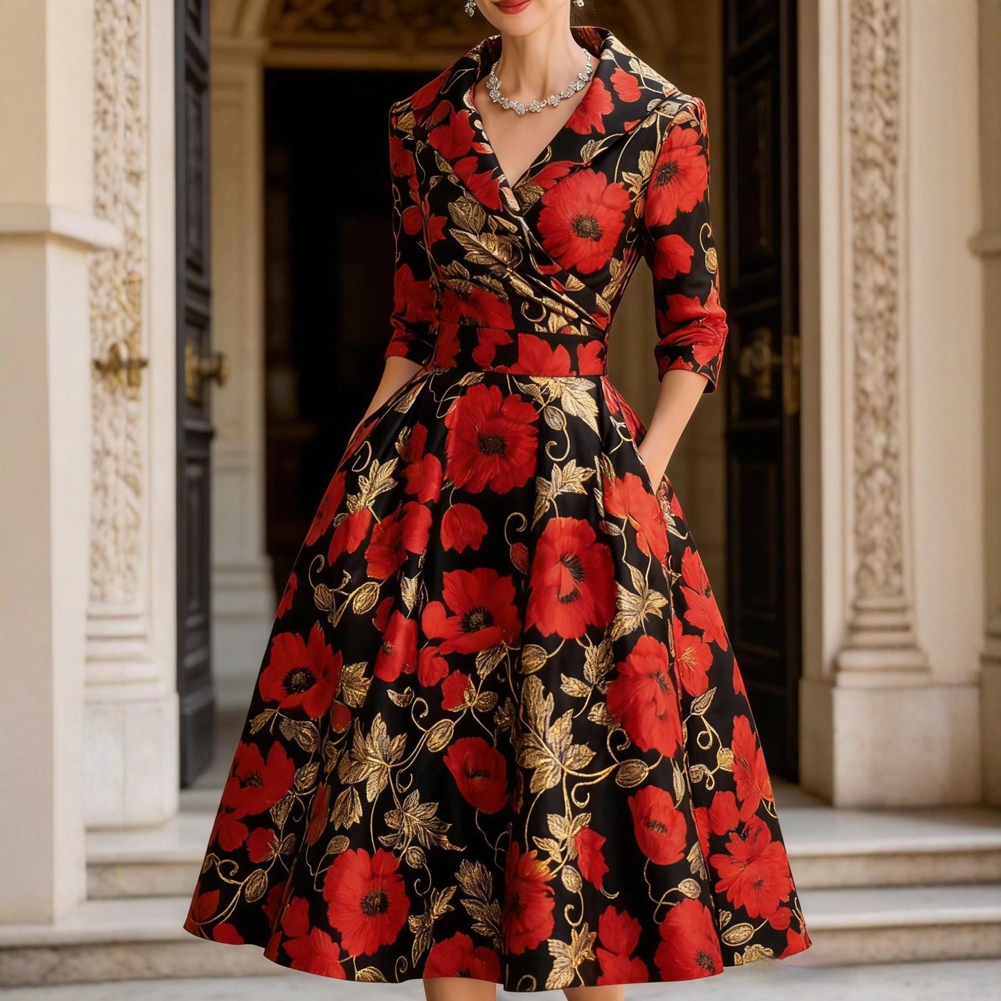 Elegant Womens V-Neck Long-Sleeve Dress With A Floral Creative Retro 3D Digital Print