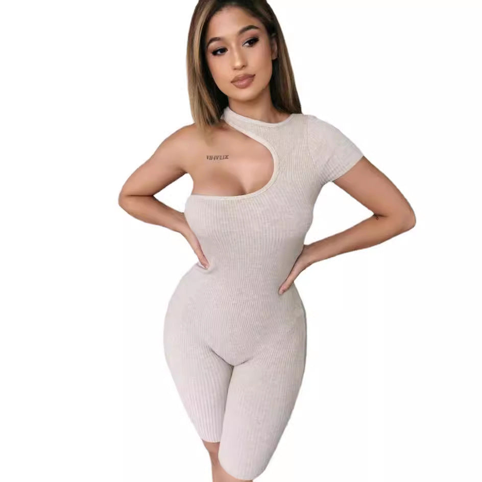 Womens High-stretch One-shoulder Short-sleeve Jumpsuit Shorts