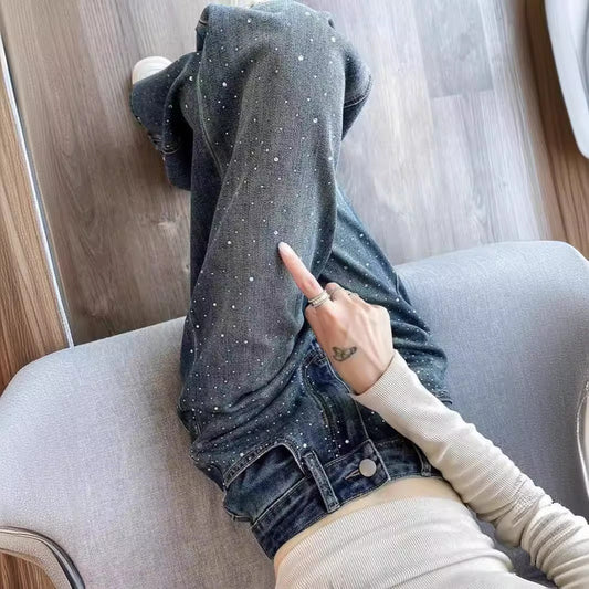 Koreansk stil Rhinestone Højtaljede Smalle Brede Ben Jeans