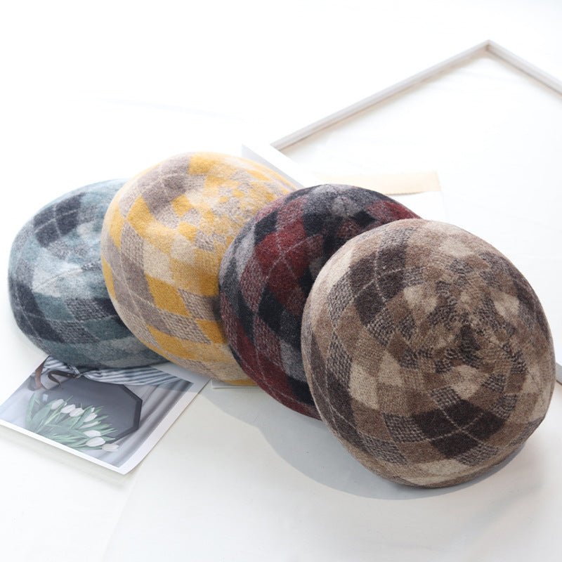 Women's Fashion Vintage Wool Jacquard Check Hat
