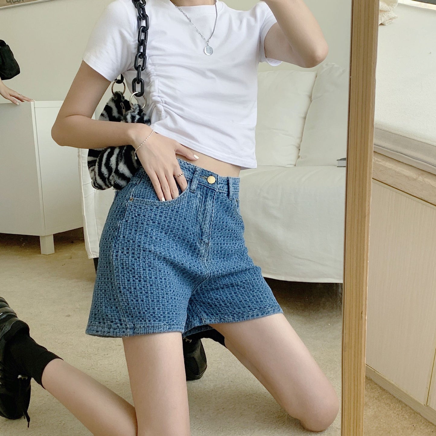 Wide Leg High Waist Woven Denim Shorts