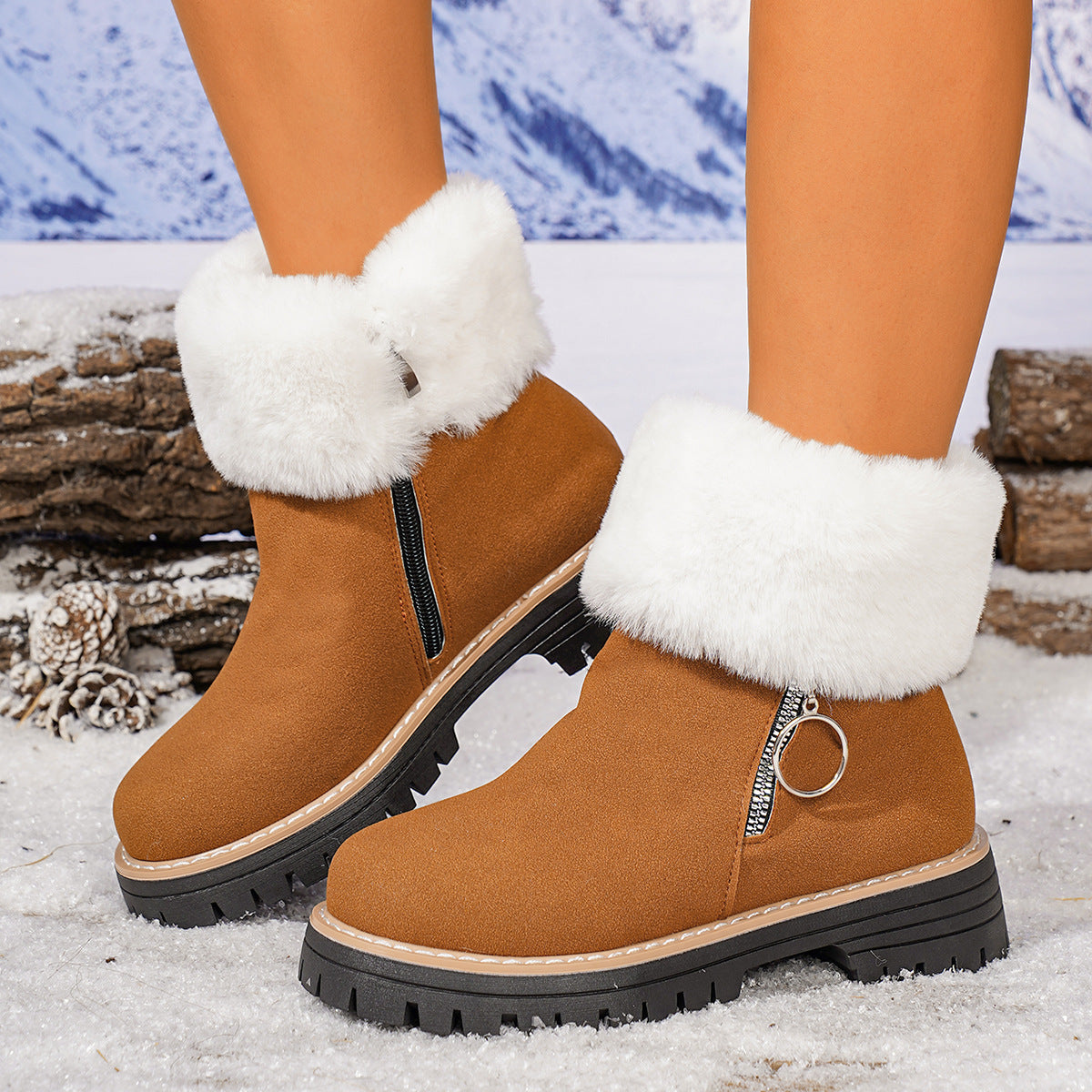 Thick Sole Side Zipper Fashion Simple Furry Casual Cotton Boots For Women
