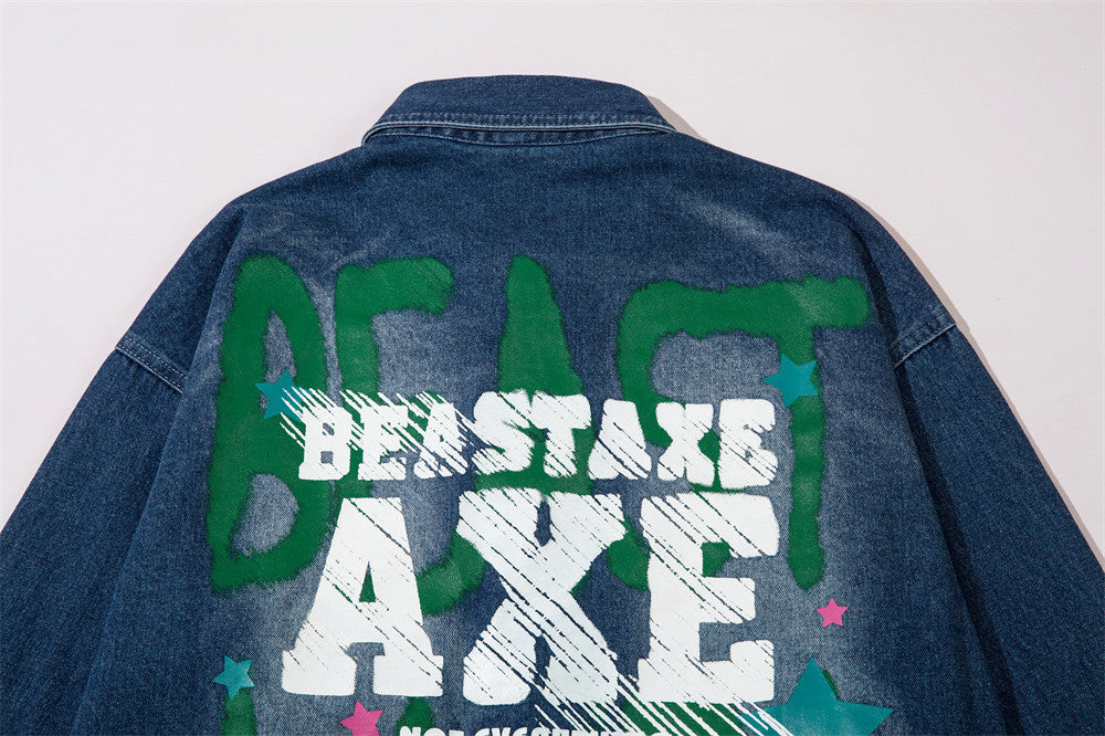 XINGX Alphabet Graffiti Print Denim Shirt Coat