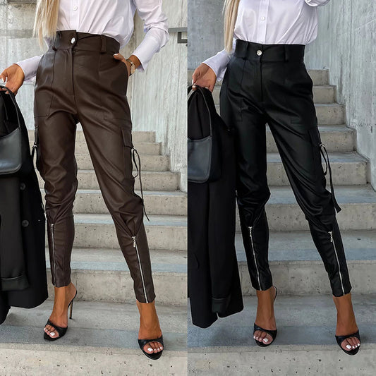 Fall Winter Fashion Slim PU Leather Waist Skinny Trousers With Pockets