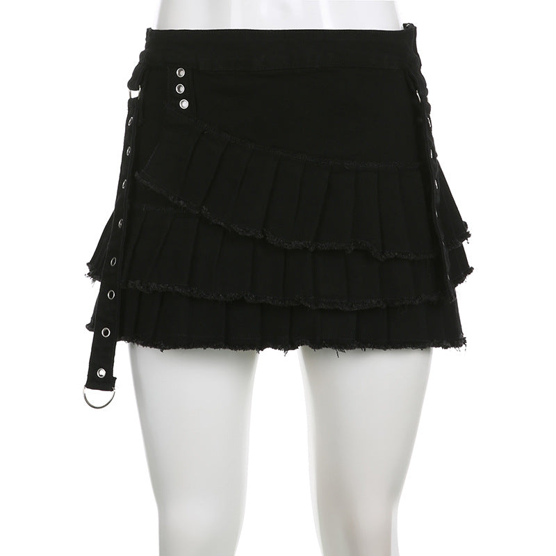 Metal Buckle Irregular Pleated Denim Skirt