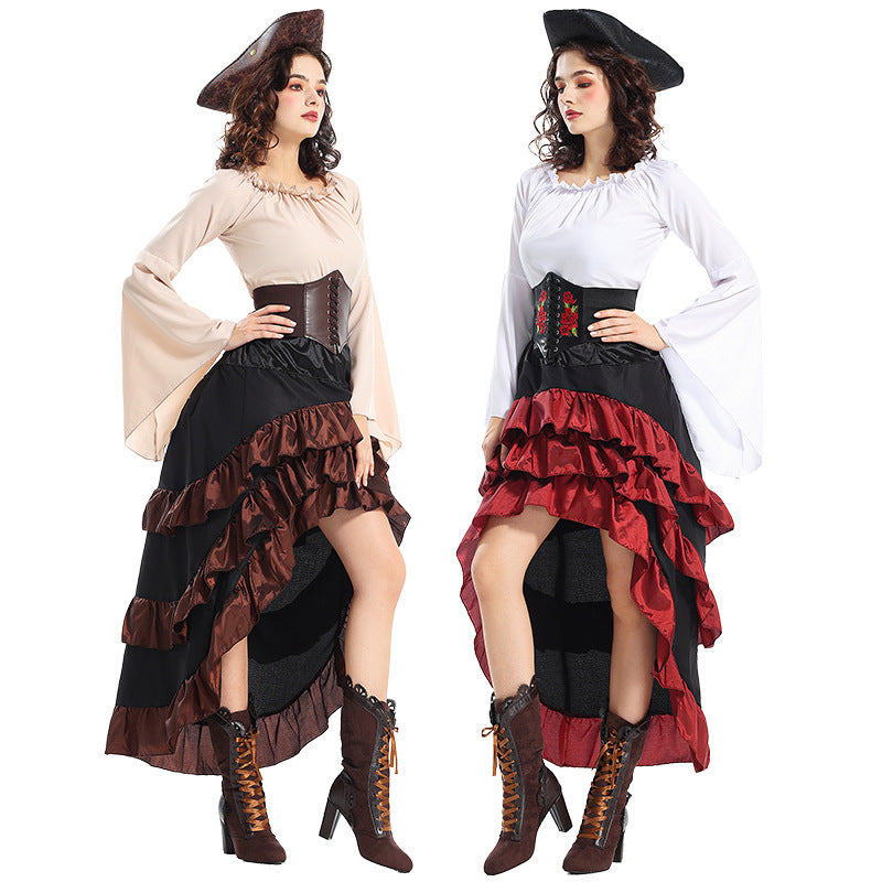 Halloween Costume Medieval Irregular Pirate Queen Waist-tightening Clothes Lotus Leaf Maxi Dress