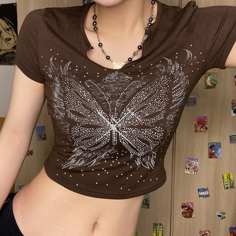 Retro Small U Neck Butterfly Print Brown Short Sleeve T-Shirt