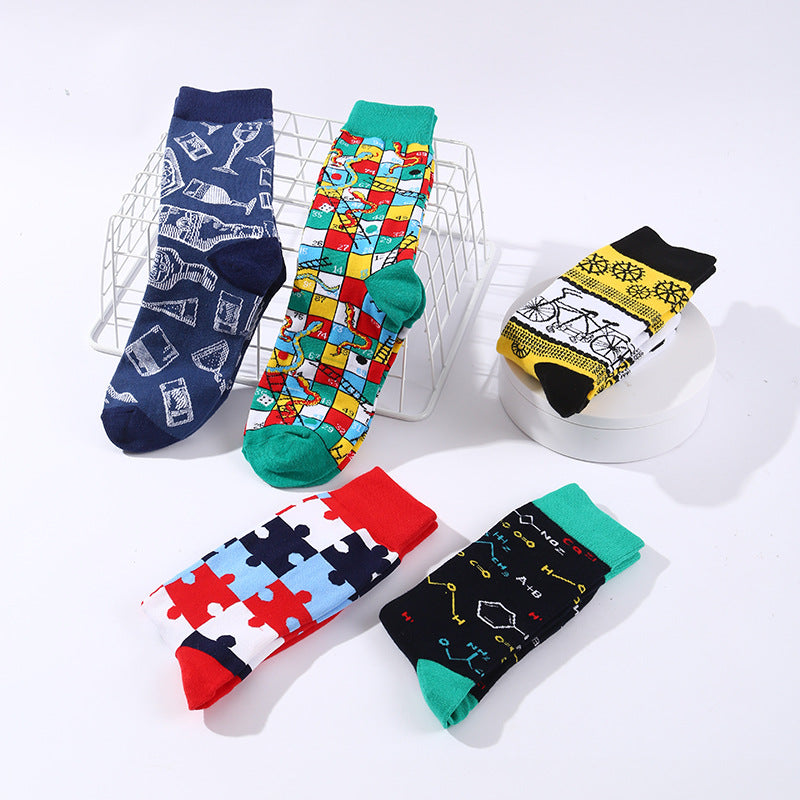 Function Geometry Trendy Mid-calf Length Socks Men's European And American Street Ins Trendy Cotton Socks