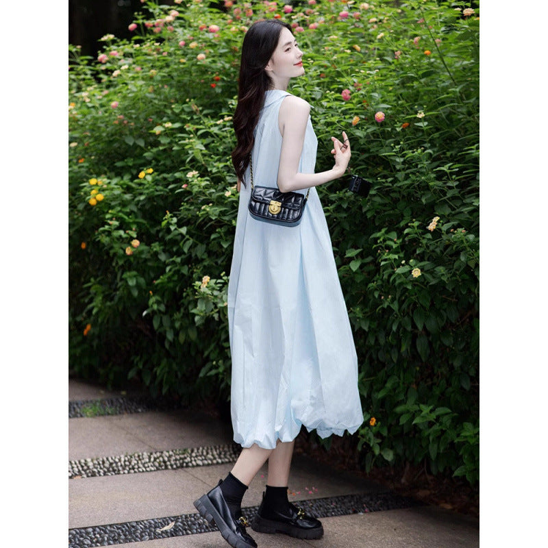 French-style Sophisticated Blue Sleeveless Slip Dress