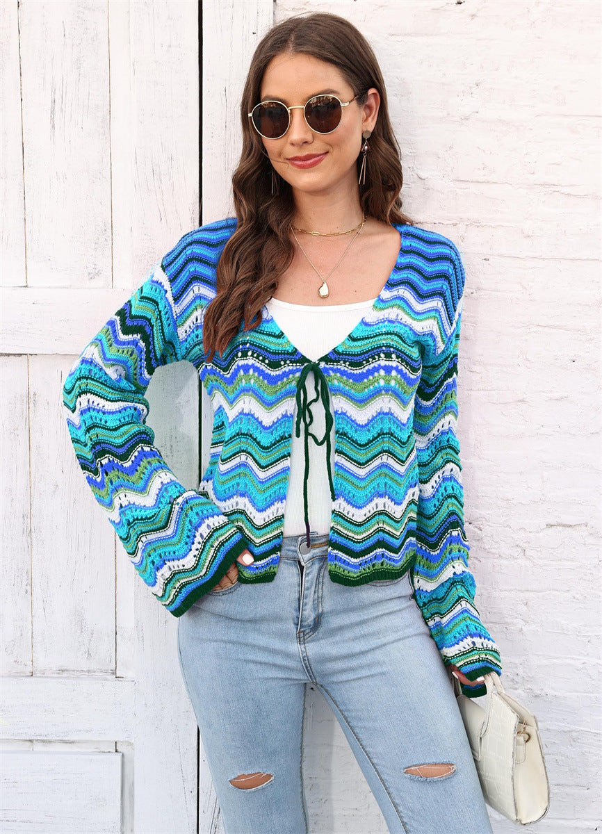 Knitted Shirt Rainbow Color Wave Pattern Christmas Sweater